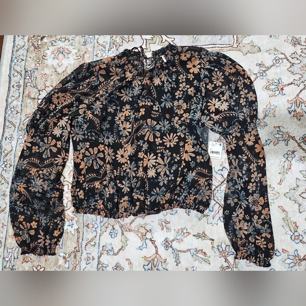 NWT Free People Clarissa Printed Top Large Midnight Long Sleeve High Neck Blouse